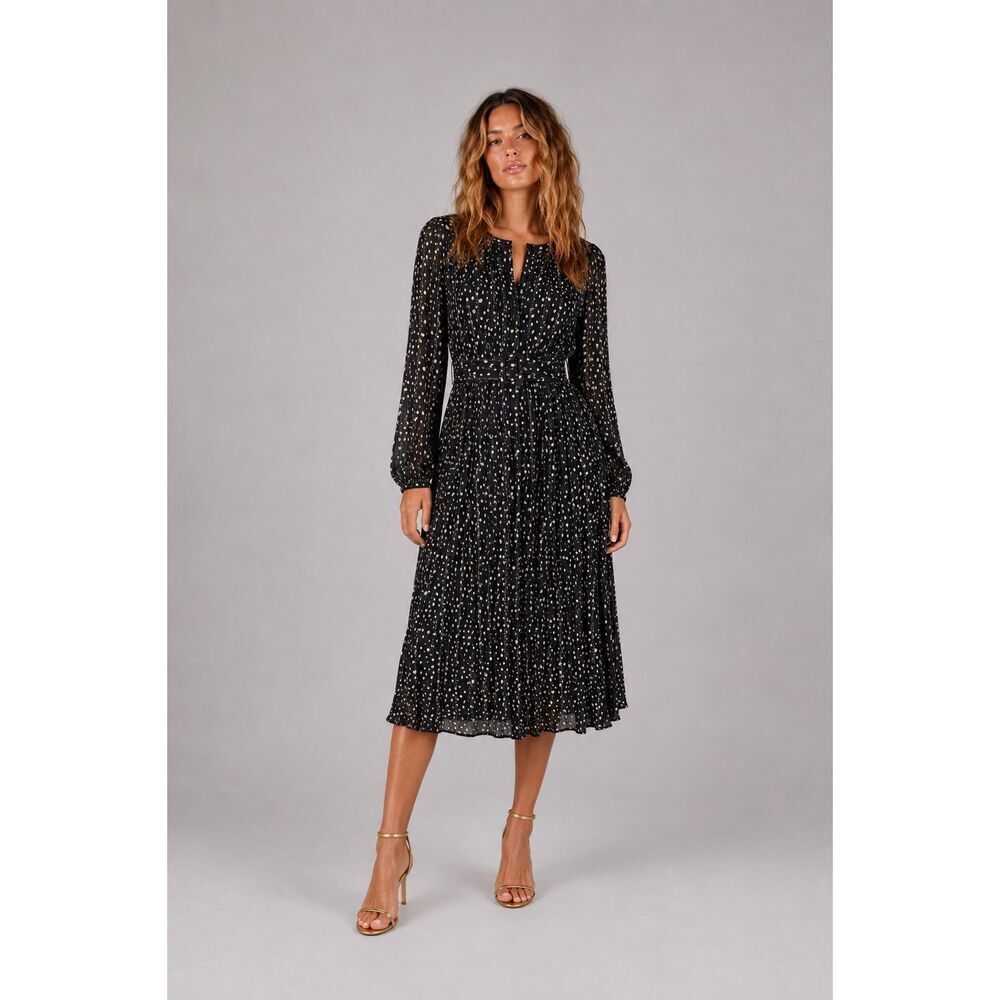 NWT Tara Jarmon Reykjavik Pleated Silk Blend Midi Dress FR 44 US L Black Gold He